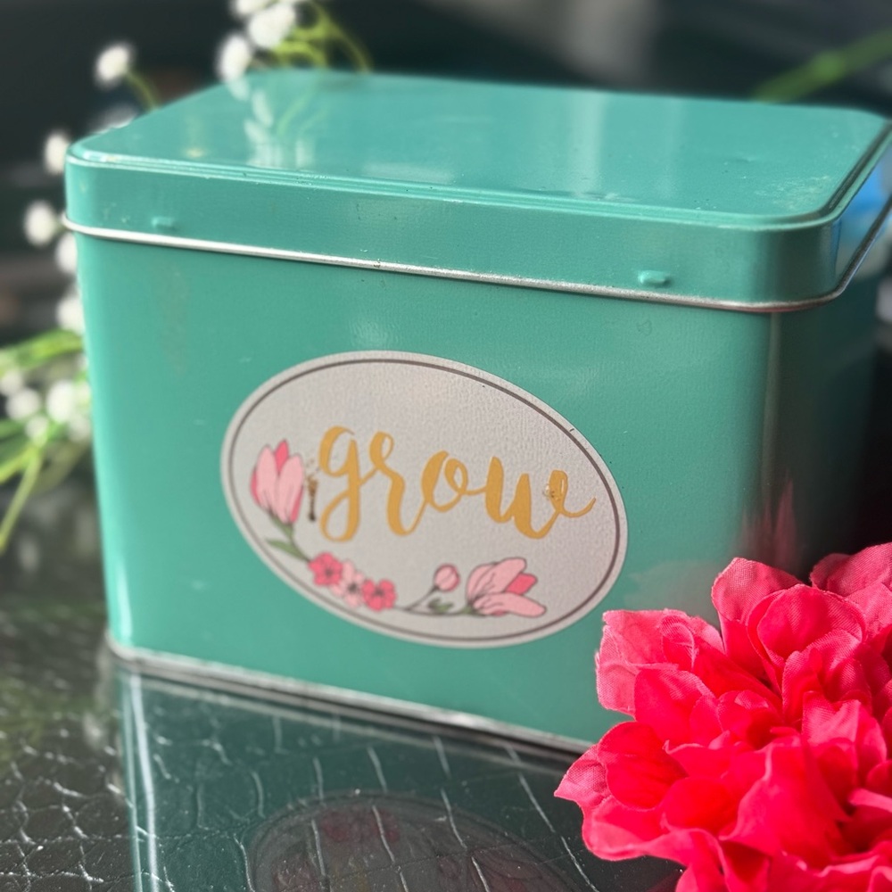 Teal Metal Storage Tin with Floral Design